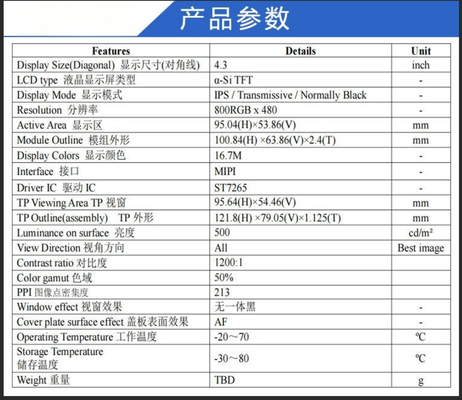 4.3 inch TFT LCD Module with 800RGBx480 Resolution and MIPI Interface Driving IC ST7265 Display Colors 16.7M
