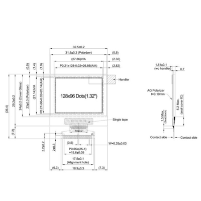 1.32 Inch Pmoled Display,  128x96 Resolution,  25 Pins 3/4 Spi I2c Interface,  White Blue Oled Display