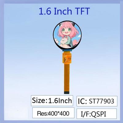 จอแสดงผล LCD TFT IPS กลมขนาด 1.6 นิ้ว - ความละเอียดสูง 400x400, IC ไดรเวอร์ ST77903, อินเทอร์เฟซแบบเสียบปลั๊ก 16PIN, สีเต็มรูปแบบ, มุมมองกว้างสำหรับอุปกรณ์สวมใส่/เครื่องมืออุตสาหกรรม/โครงการอิเล็กทรอนิกส์ DIY